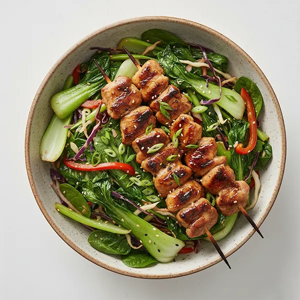 Japanese Yakitori Chicken With Stir Fried Asian Greens